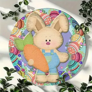 Aluminum Easter Bunny Sign 2D Flat Print 7.87x7.87 Inch Home Decor Cartoon Rabbit with Carrot Indoor Wall Art for Living Room Cafe Restaurant Bar
