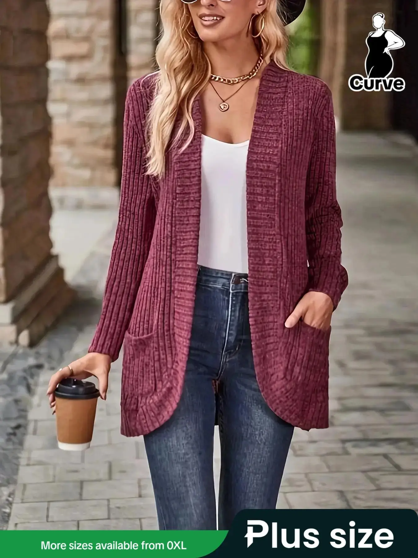 【Plus Size】 Solid Pocket Open Front Cardigan, Cardigan for Women, Casual Long Sleeve Ribbed Cardigan for Fall & Winter, Women's Plus Clothing for Dail