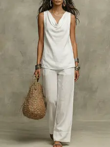 Summer New Arrival Women's Solid Color Minimalist Casual Suit, V Neck Sleeveless Top, Straight Leg Pants, Loose Fit, Vacation & Commute Set Womenswear