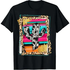 Western Cactus Leopard Print T-Shirt for Women - Boho Cowgirl Graphic Tee