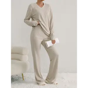 Tailored Fashion Straight-Leg Pants with a Relaxed Fit And a V-Neck Ribbed Knit Set.