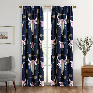 2pcs Cow Skull Window Drapes Rose Floral Curtains for Kids Boys Girls Skull Animal Decorative Arrow Window Curtains for Bedroom Living Room Bull Horns Theme Window Treatments