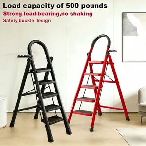 500 lbs Load-Bearing Folding 5/6-Step Ladder | Heavy-Duty Steel Step Stool with Anti-Slip Wide Pedals, Handrails, Safety Lock Design, Black & Red Color, Portable & Easy to Store, Multi-Functional for Household & Industrial Use