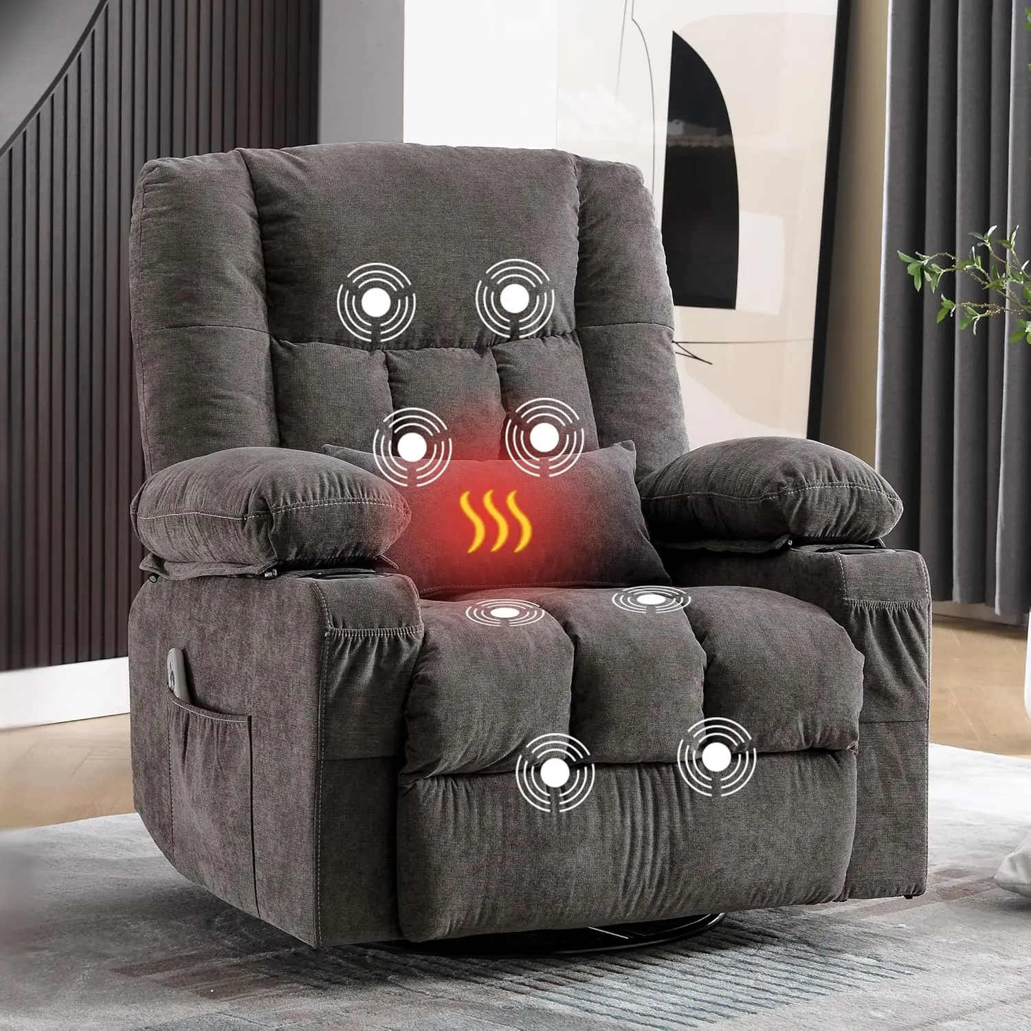 Massage Swivel Recliner Chair with Vibration Massage and Lumbar Heating for Adults,Oversized Rocker Recliner Single Sofa with Side Pocket,Two Cup Holders and USB Charge Port for Living Room，GREY