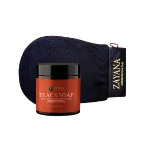 Zayana Moroccan Black Soap & Kessa Mitt Set with Lavender Essential Oil for Soft Skin Deep Exfoliation 200g Hammam Spa for Luxurious Bath Experience