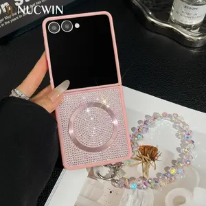 Luxury Bling Glitter Magsafe Magnetic Charge Phone Case For Samsung Galaxy Z Flip 7 6 5 4 3 Flip 7 Shockproof Wrist Strap Cover