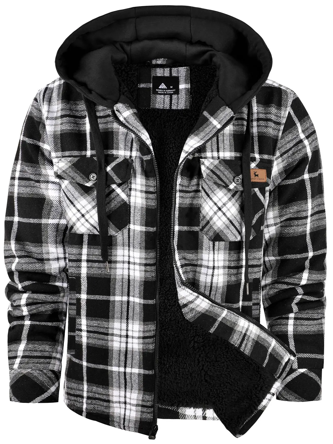 Men's Regular Fit Plaid Print Patched Drawstring Zip Up Hooded Jacket, Casual Long Sleeve Pocket Thermal Lined Outerwear for Fall & Winter, Men's Clo
