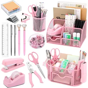 17 in 1 Pink Desk Organizers and Accessories Set, 3 Office Desk Supplies Storage Organization, 4 Pens, Stapler, Staples & Remover, Tape & Dispenser, , Ruler, Clips, Hole Punch, Sticky Holder