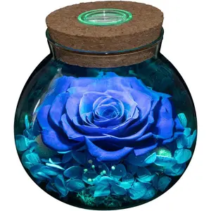 Preserved Real Roses with Colorful Mood Light Wishing Bottle, Eternal Rose,Never Withered , Table Decor,Christmas Anniversary Valentine's, Blue 4.3inch, 1 count