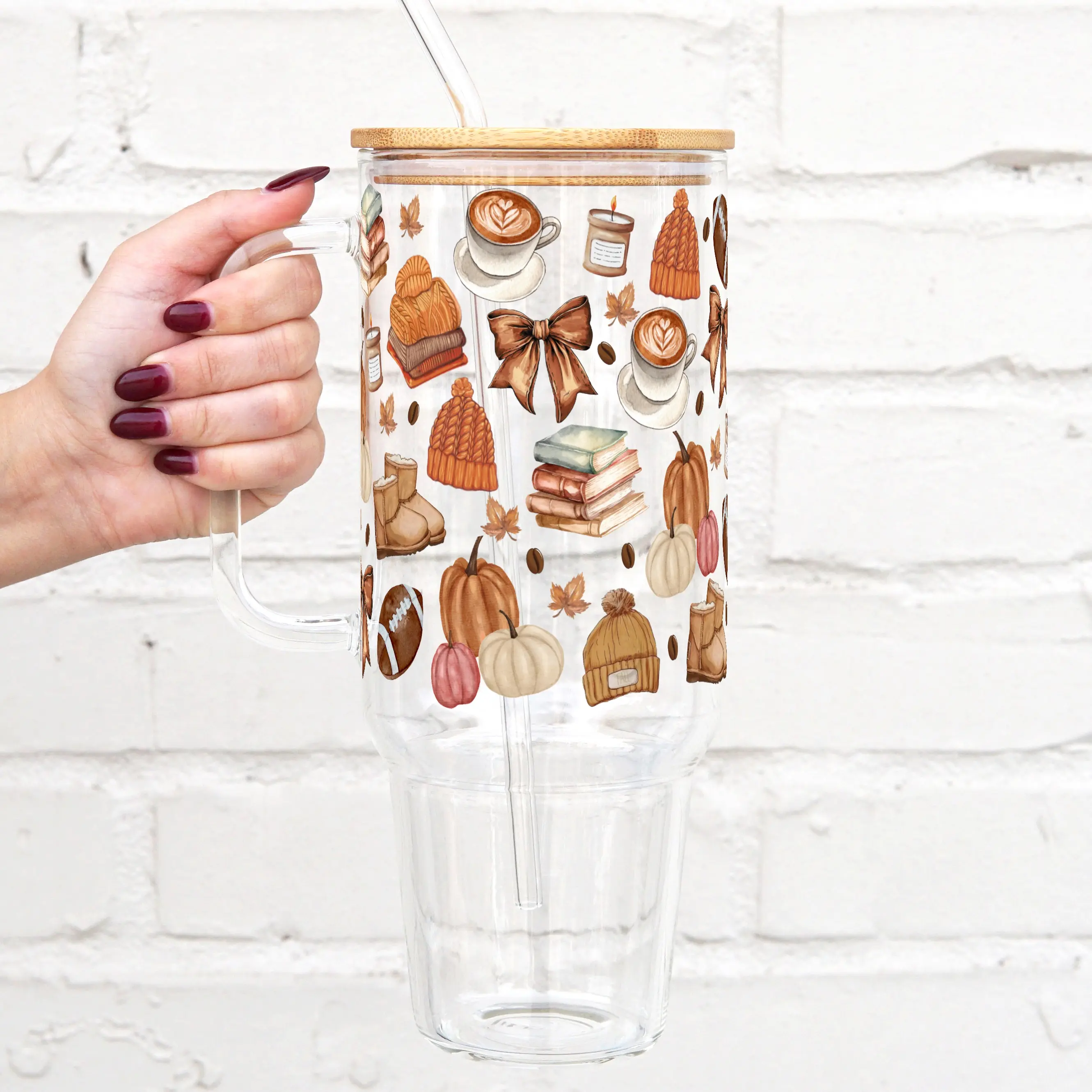 Fall Collection 40oz Glass Tumbler with Lid and Straw, Iced Coffee Drinkware, Gift for Her, Acrylic Tumbler, water bottle for women, fall gifts, Reusable Water Bottles, Waterbottletumbler, Mug