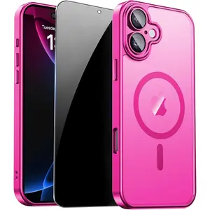 Magnetic for iPhone 17 Case with Privacy Screen Protector and Camera Protection, Compatible with MagSafe Translucent Matte Shockproof Phone Case for iPhone17 Women Girls, Hot Pink