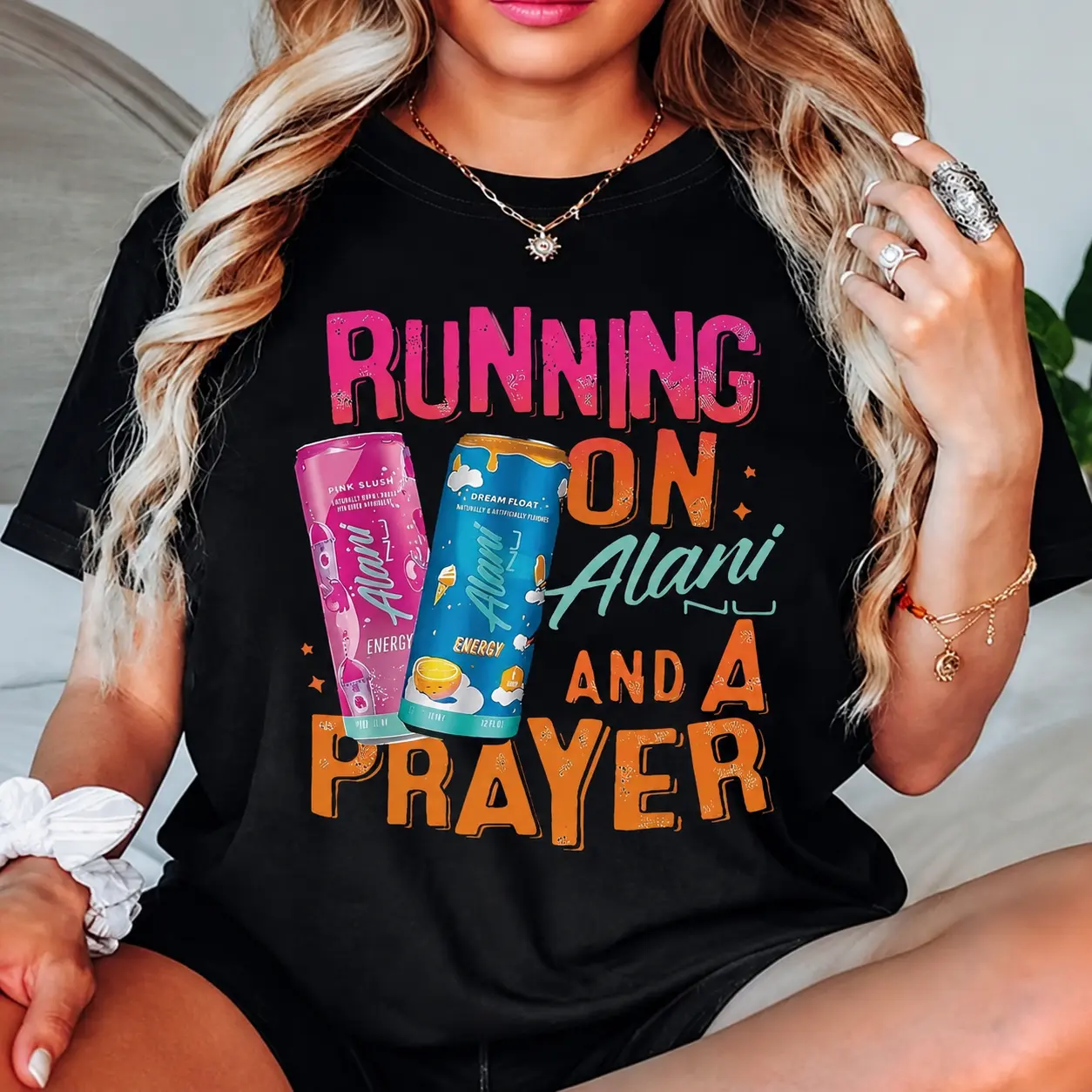 Women's Classic Unisex Printed Graphic T-Shirt - Running On Alani And A Prayer Slogan, Short Sleeve Round Neck, Low-Impact Dye, for Outdoor Sport Gym Workouts