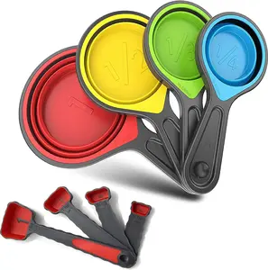 Collapsible Silicone Soft Measuring Cups and Measuring Spoons,8 Pieces Portable Food Grade Silicone Measurement Cup for Liquid & Dry Measuring Baking &Utensils & Travel Measuring Cup，Space Saver GRANDFORT