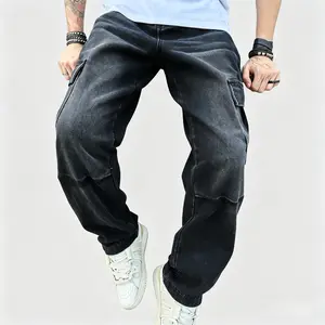Men Stylish Multiple pockets Cargo Jeans Trousers High Quality Male Streetwear Solid color Loose Carpenter Straight Denim Pants Midrestock