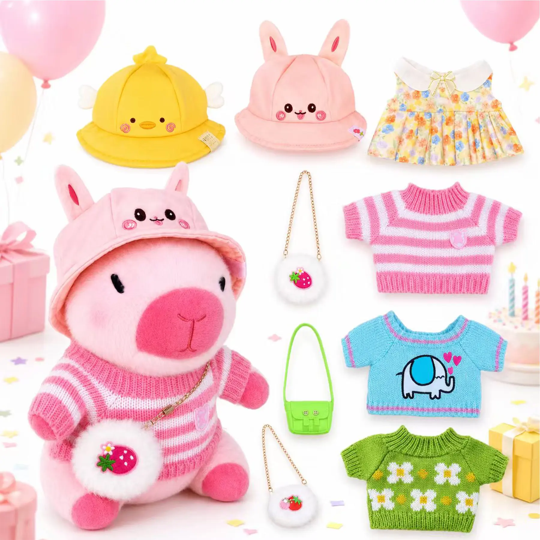 Capybara furry friends Plush with 9 Accessories – super Soft animal  10.2 Inch,  Cute girly girlygifts Kawaii plushies for girlfriend Birthday, valentine party Gift, kid Room daily home Decor & Display easter christmas birthday charm gift decoration toy