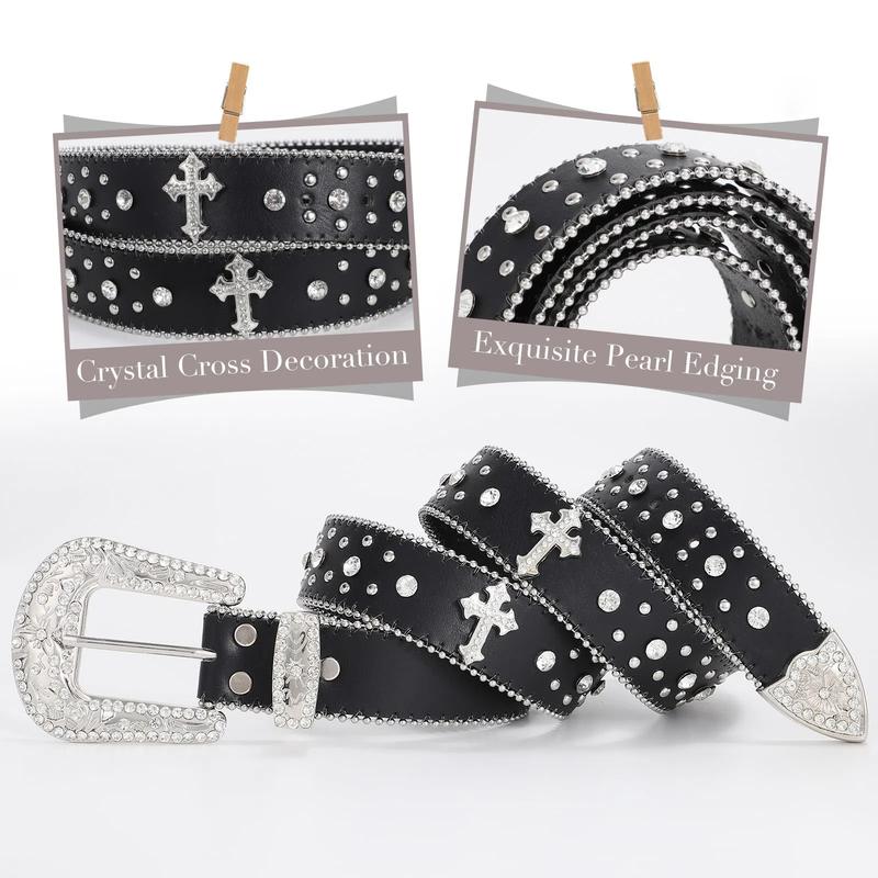 XZQTIVE Rhinestone Belt for Women & Men - A Fusion of Fashion & Western Charm, Cowgirl Cowboy Bling Style, Cross-Design Leather Belt with Diamond Studs, Perfect for Jeans & Dresses