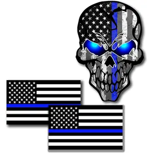 3 Pack Car Decals Stickers Reflective US Flag with Thin Blue Line and Skull, Honoring Police Law Enforcement Vinyl Stickers Van Trucks Women Men Motorcycle Laptop Decals Skateboard Bike Bumper Window thin blue line flag decal