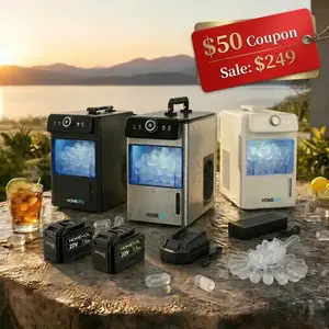 HOMEVOL Cordless Portable Ice Maker, 2*20V 7.8Ah Rechargeable Battery Powered Countertop Ice Machine with scoop, 6 Cubes in 6-8 Mins, 2 Ice Sizes, Auto Self-Cleaning, for Home, Kitchen, Camping, RV & Outdoor