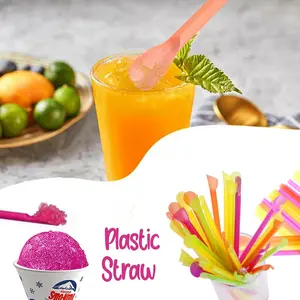 100 Count 6oz Snow Cone Cups with 100 8" Neon Spoon Straws, Pack of 200ct (100 cups/100 straws) Colorful Disposable