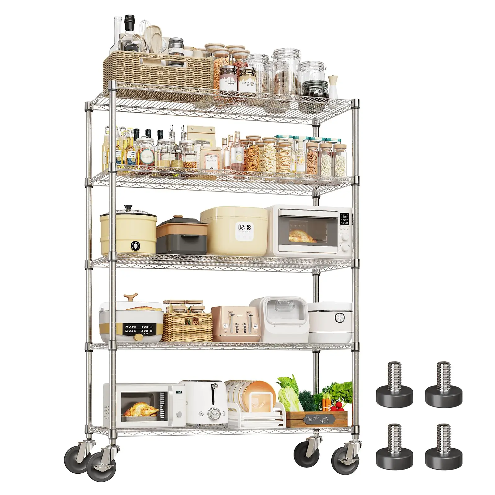 Garvee Heavy-Duty Adjustable Wire Shelving Unit on Wheels, Chrome Metal Storage Rack with 4" Locking Casters, 2640 lb Capacity, 47.2"W x 17.7"D x 70.9"H - Garage/Kitchen/Pantry/Commercial