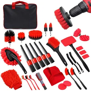 32 count Red  Detailing Kit - Brush Set & Cleaning Kit with Drill Brush, Polishing/Waxing Pads, Interior/Exterior Tools for Wheels & Windshield - Portable Handbag