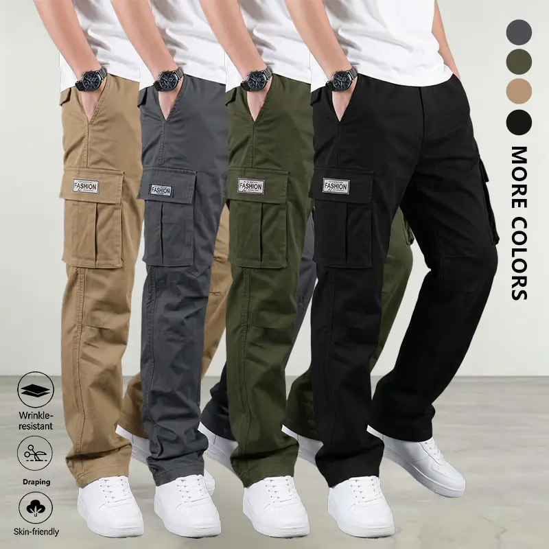 LIFE KEEPS MOVING men’s cargo pants with flap pockets, solid color, casual loose fit—simple and stylish, versatile for all seasons and everyday wear, street-style design with relaxed, fitted pockets.