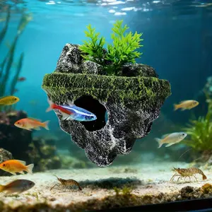 Aquarium Floating Island with Artificial Plants, Ideal for Fish and Shrimp Hideaway and Play, Enhances Aquatic Habitat Decor