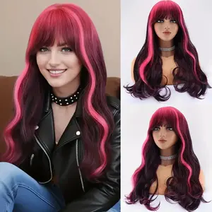 ZIHAN 24" Rainbow Gradient Pink to Black Synthetic Jirai Kei Wig with Bangs - Loose Curly Wave, 180% Density Rose Net Cap for Women, All Ethnicities | Summer Wavy Fireworks Hair, Middle East Collection, Bright Color Wigs And Hairpieces, Beauty Enhancement