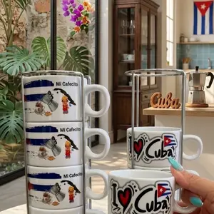 4PCS Cuba Ceramic Coffee Mugs, Drinkware Cups, with Metal Storage Rack, Cup