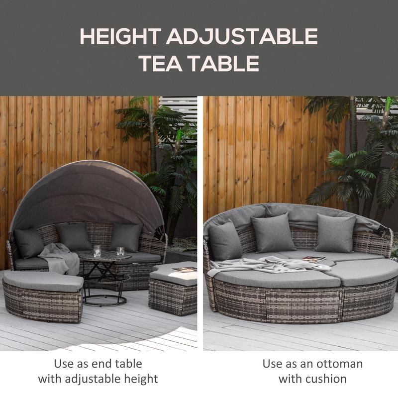 4 Piece Round Rattan Daybed Convertible Patio Furniture Set with Adjustable Sun Canopy Sectional Outdoor Sofa 2 Chairs Extending Tea Table Ottoman Chair 3 Pillows Gray