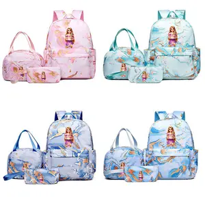 Cartoon character themed marble patterned backpack three piece set, including handbag, pencil case, cute and fun student travel equipment, equipped with adjustable shoulder straps, made of nylon material, zipper closure