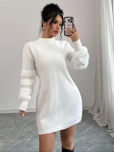 Elegant Chic Women's Long Sleeve Knit Dress, Soft Fabric Pullover Sweater Dress for Spring Autumn Winter, Casual Daily Wear Essential Fit Womenswear Basic