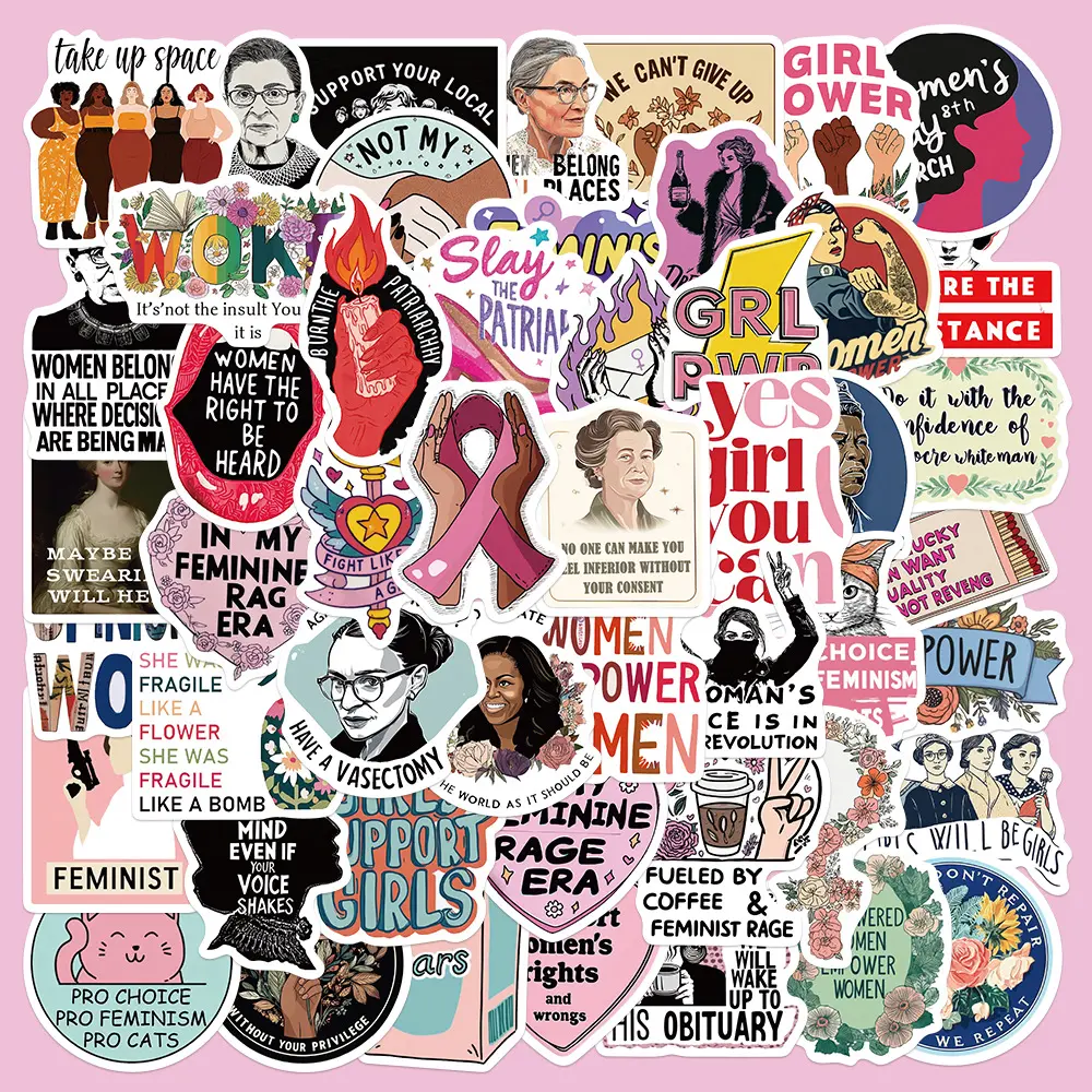 50pcs Feminist Pink Stickers Series, Sticker Decals, Office Supplies and Notebook Accessories, Suitable for Scrapbooks, Diaries, Laptops, Water Bottles, Cars, Bumper Sticker, Etc., Featuring Designs Based on Beliefs.