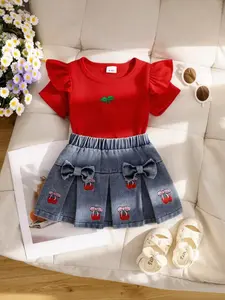 Baby Girl Summer 2-Piece Set, Cherry Embroidery Sleeveless T-Shirt and Pleated Skirt, Cute Butterfly Knot Design, Comfortable and Stylish