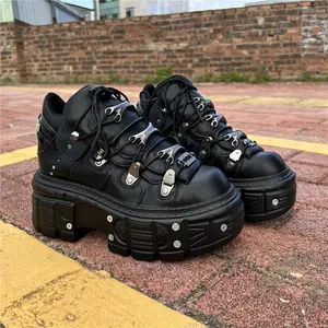 Unisex retro punk chunky platform lace-up shoes with metallic accents, casual black sneakers