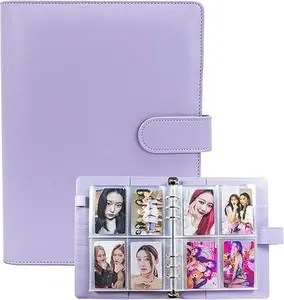 A5 Kpop Photo Card Binder with 30 4-Pocket Pages 6-Ring Stainless Steel Album PU Leather Cover Magnetic Buckle Purple Decor Holds Up to 240 Cards