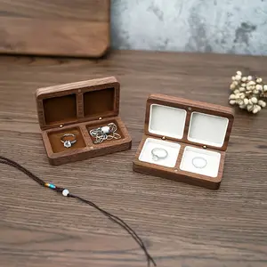 Walnut Wood Ring Necklace Earring Storage Box with Double Square Solid Wooden Edges Portable Jewelry Case, Jewelry Boxes