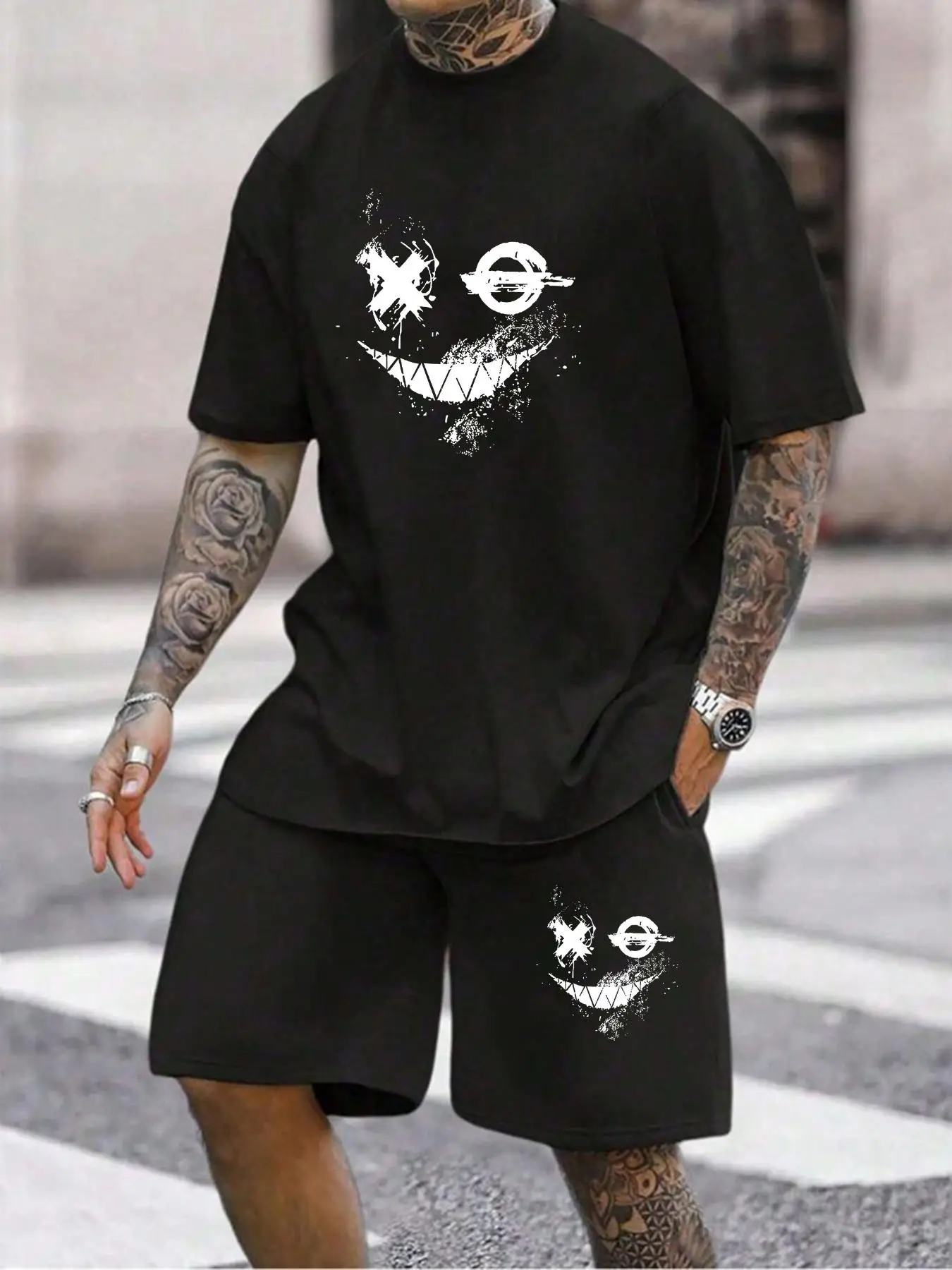 Two-Piece Set Men's Cartoon Print Tee & Drawstring Pocket Shorts Set, Regular Fit Streetwear Crew Neck Short Sleeve T-Shirt & Elastic Waist Track Shor