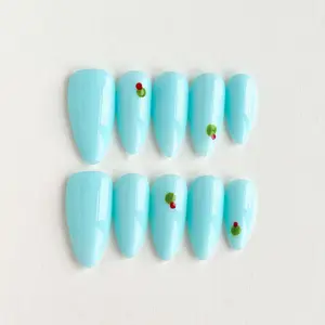 Mint Green Bud|10 PCS of Almond Pure Handmade Press On Nails, Light Blue Fruit Decoration Fresh Press On Nails, High Glossy Base, Red and Green Three-Dimensional Fruit Decoration, Soft Cute Sweet Style, Spring and Summer Daily Nail Set, Nail Art Design