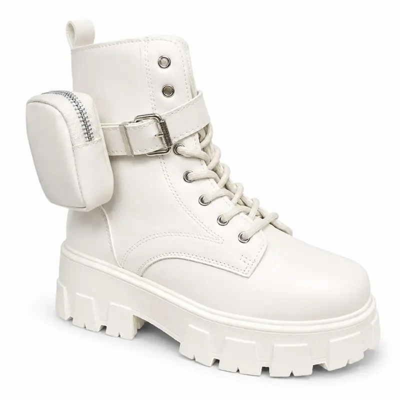 Women's Streetwear Combat Boots, Mid-Calf Chunky Platform PU Leather Statement Shoes with Detachable Pocket, Lace-Up & Side Zipper, Modern Boot, Alternative Style, Plain, Detachable Mini Pocket, Sporty Chic, Fabric, Military Style, Laces