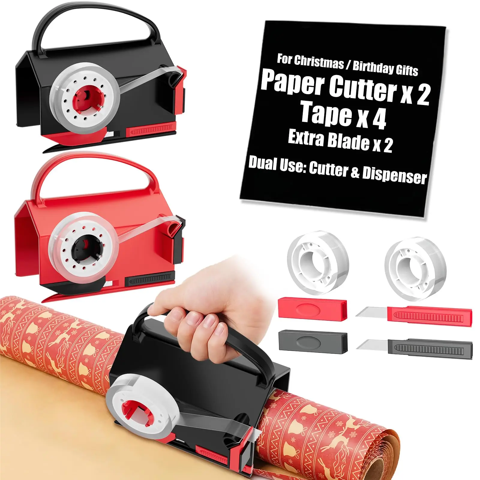 【DealsForYouDays】2-Pack Wrapping Paper Cutter & Tape Dispenser Kit, with 4 Tapes, 2 Replacement Blades, Red & Black, for Home Office, Classroom Supplies, A4 Paper Cutting, Birthday & Thanksgiving Gifting, Boosts Packaging Efficiency, Creates Straight Cuts