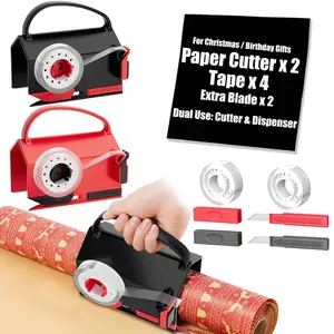 【Christmas Gift】2-Pack Wrapping Paper Cutter & Tape Dispenser for Christmas Gift, Improve Gift Packaging Efficiency, Makes The Cutting line straighter, Cutting Tool with 4 Tapes，2 Replace Blades Kit, Red and Black