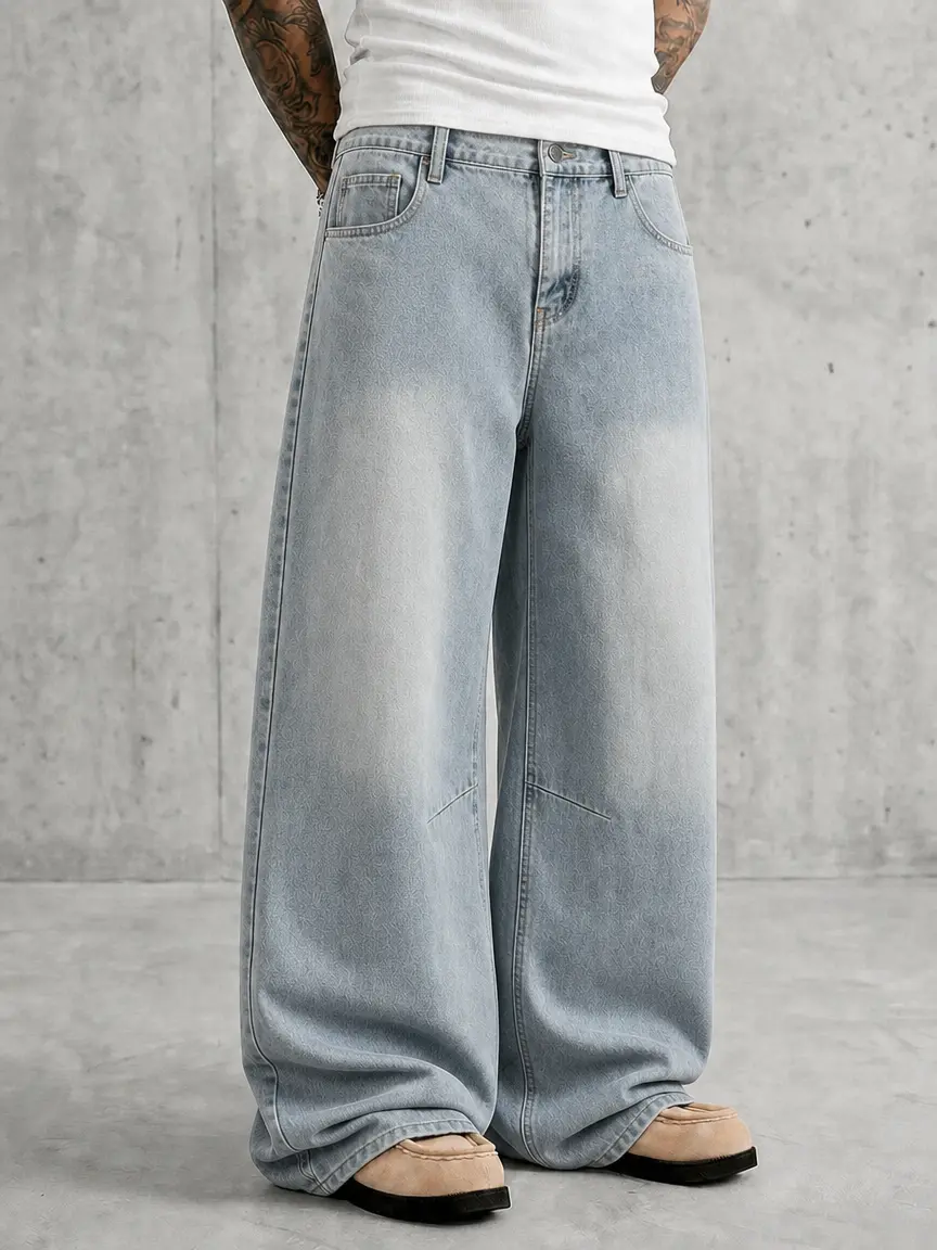 American-style light blue washed wide-leg denim jeans, high-waisted with contrast piping, relaxed fit with a fluid drape, floor-length straight-cut casual pants