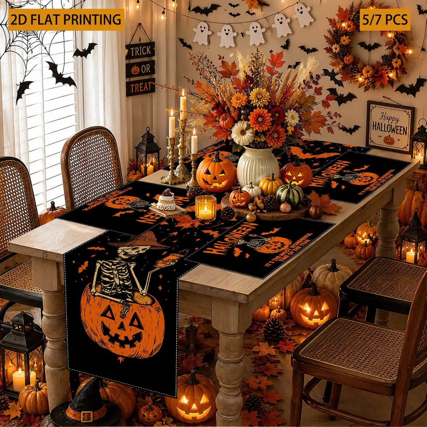 Halloween Style, Table Runner Set, Skeleton Pumpkin And Bat Print, Dining Room Decoration, 7 Pcs Table Mat Set