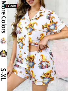 2-piece Women's Pajama, Loungewear Set with Yellow Cartoon Print Design, Soft and Comfortable Top with Small Pockets and Flared Collar, Elasticated Waistband, Suitable for Home, Daily Wear, and Casual Outings in All Seasons