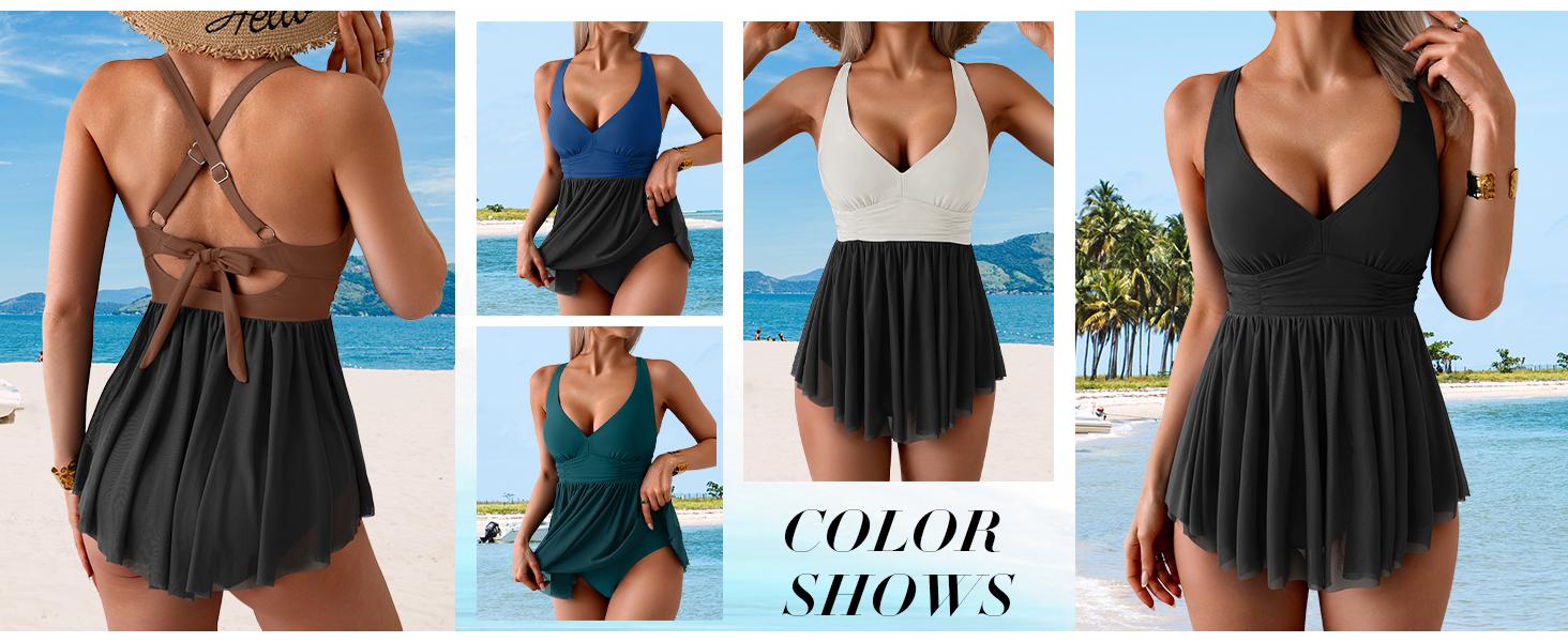 Aidonger Women's One Piece Swim Dress Swimsuit Tummy Control Mesh Swimdress V Neck Bathing Suit Skirt Tie Back Swimwear Aidonger Women's One Piece Swim Dress Swimsuit Tummy Control Mesh Swimdress V Neck Bathing Suit Skirt Tie Back Swimwear