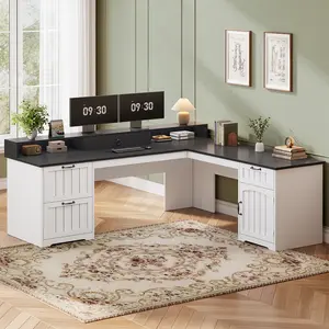 Sedeta 63-Inch Vintage Farmhouse L-Shaped Engineered Wood Corner Office Desk - Easy Assembly, File Drawer, Multiple Drawers, Monitor Stand for Home Office Use, L-Shaped Desk