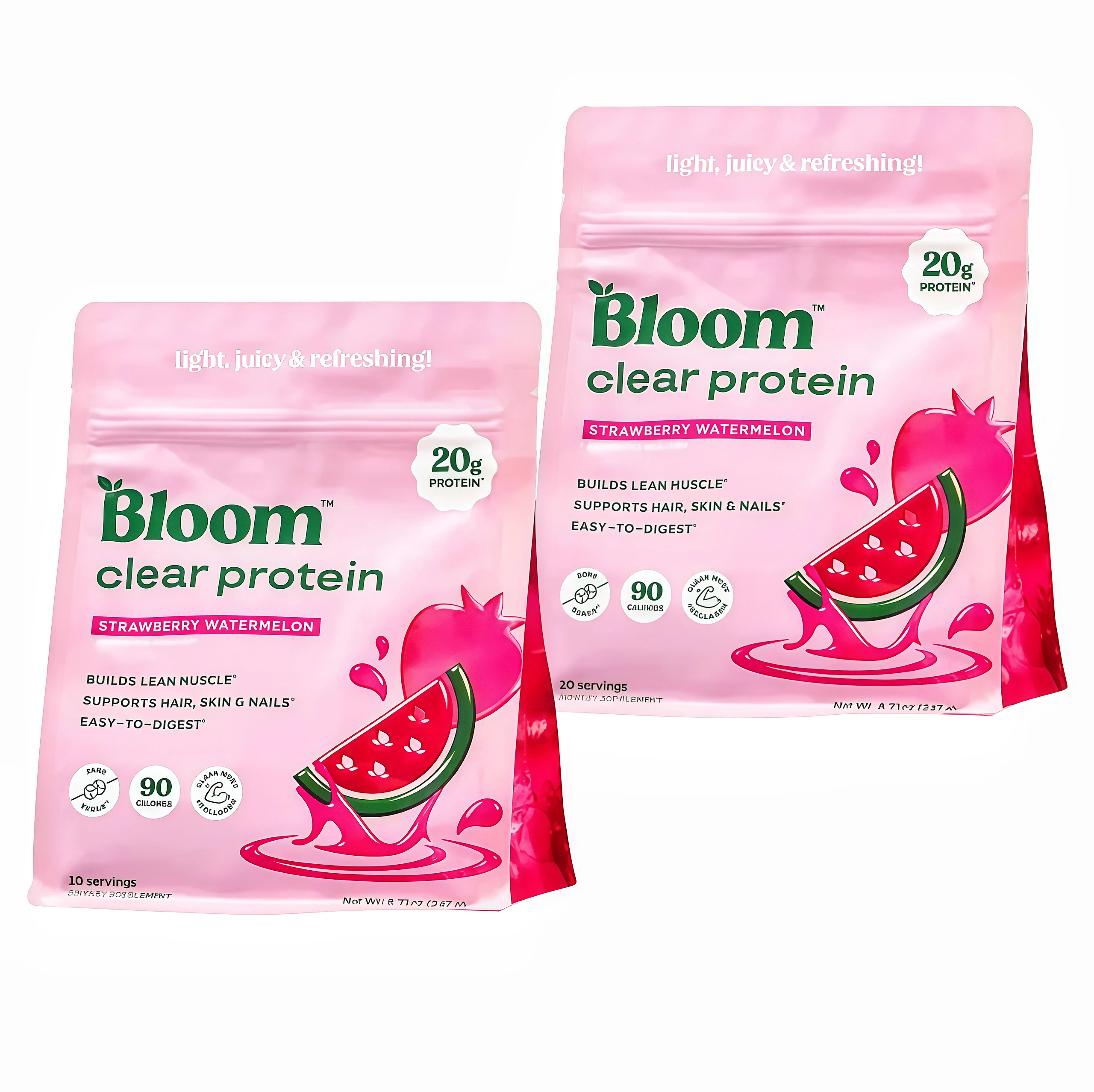 2 Pack Bloom Nutrition Clear Protein Powder, QX Strawberry Watermelon Flavor, 20g Whey Collagen Protein, Zero Sugar, 90 Calories, 10 Servings