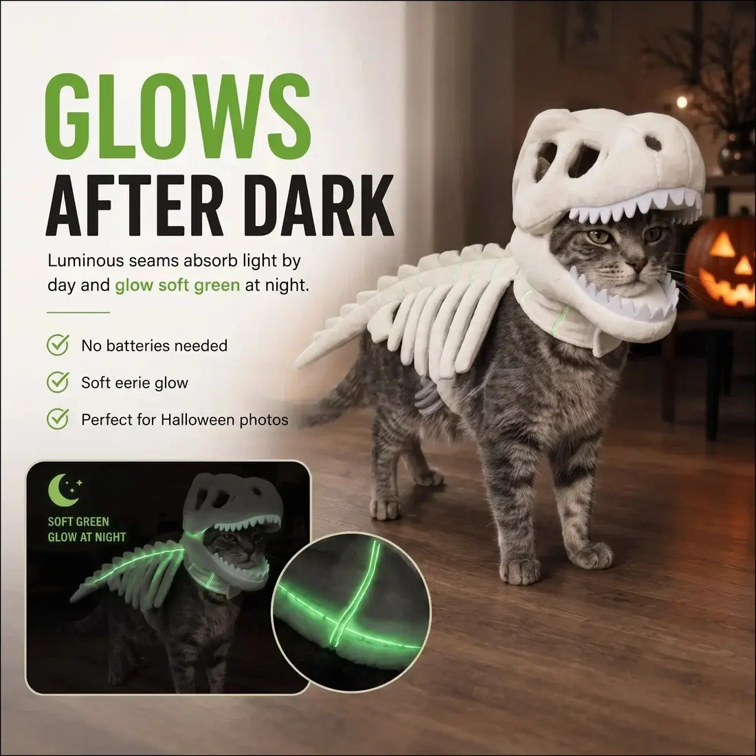 Glow in the Dark Dinosaur Skeleton Cat Costume, Funny Halloween Pet Outfit for Cats, Soft Spooky Costume for Party & Photos