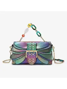 Multicolor Pearl Embellished Wing Shaped Crossbody Bag with Metallic Rivets Gradient Ombre Design Elegant Evening Clutch for Women Trendy Butterfly Inspired Shoulder Bag Fashionable Chain Strap Handba Crossbody Purse